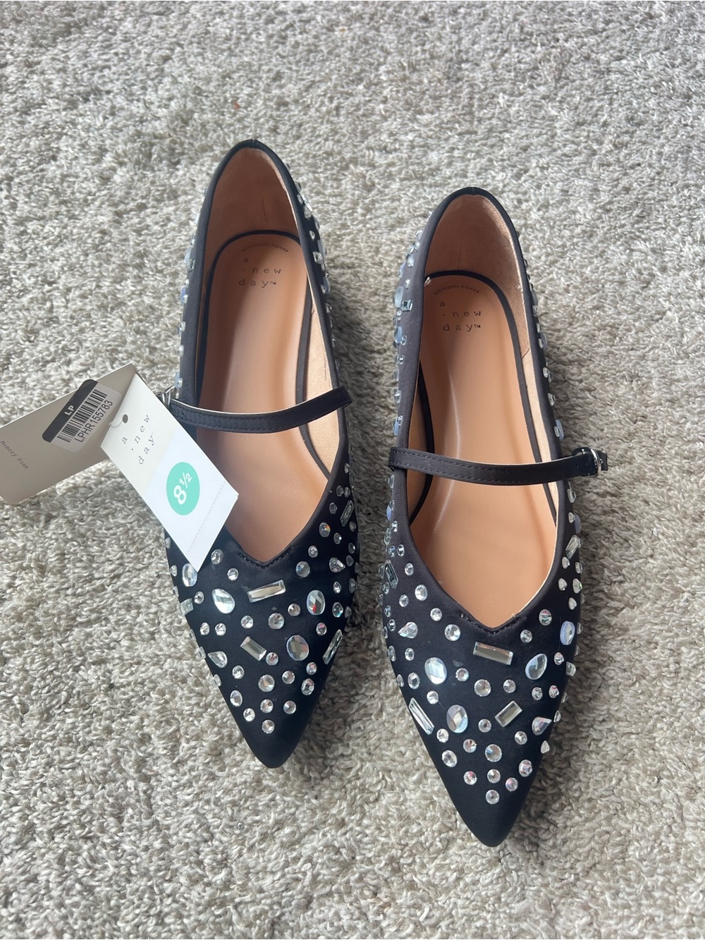 a new day Black Crystal-Embellished Pointed Mary Jane Flats